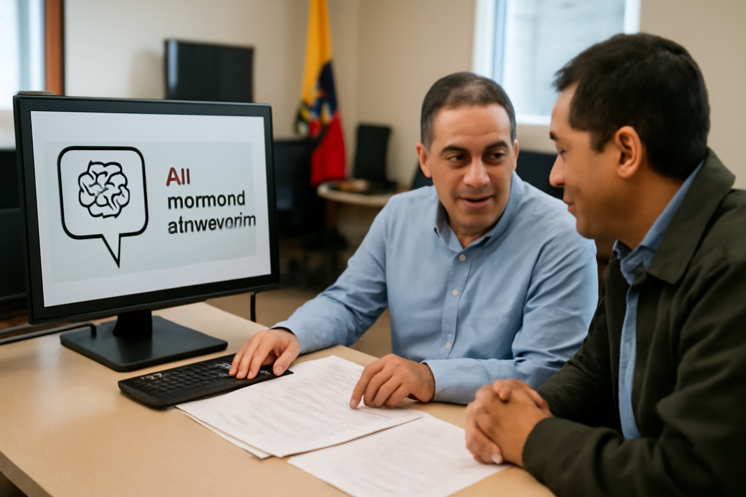 Funcionarios públicos colombianos validando en pantalla una decisión propuesta por IA, con papeles y computadoras en el escritorio.