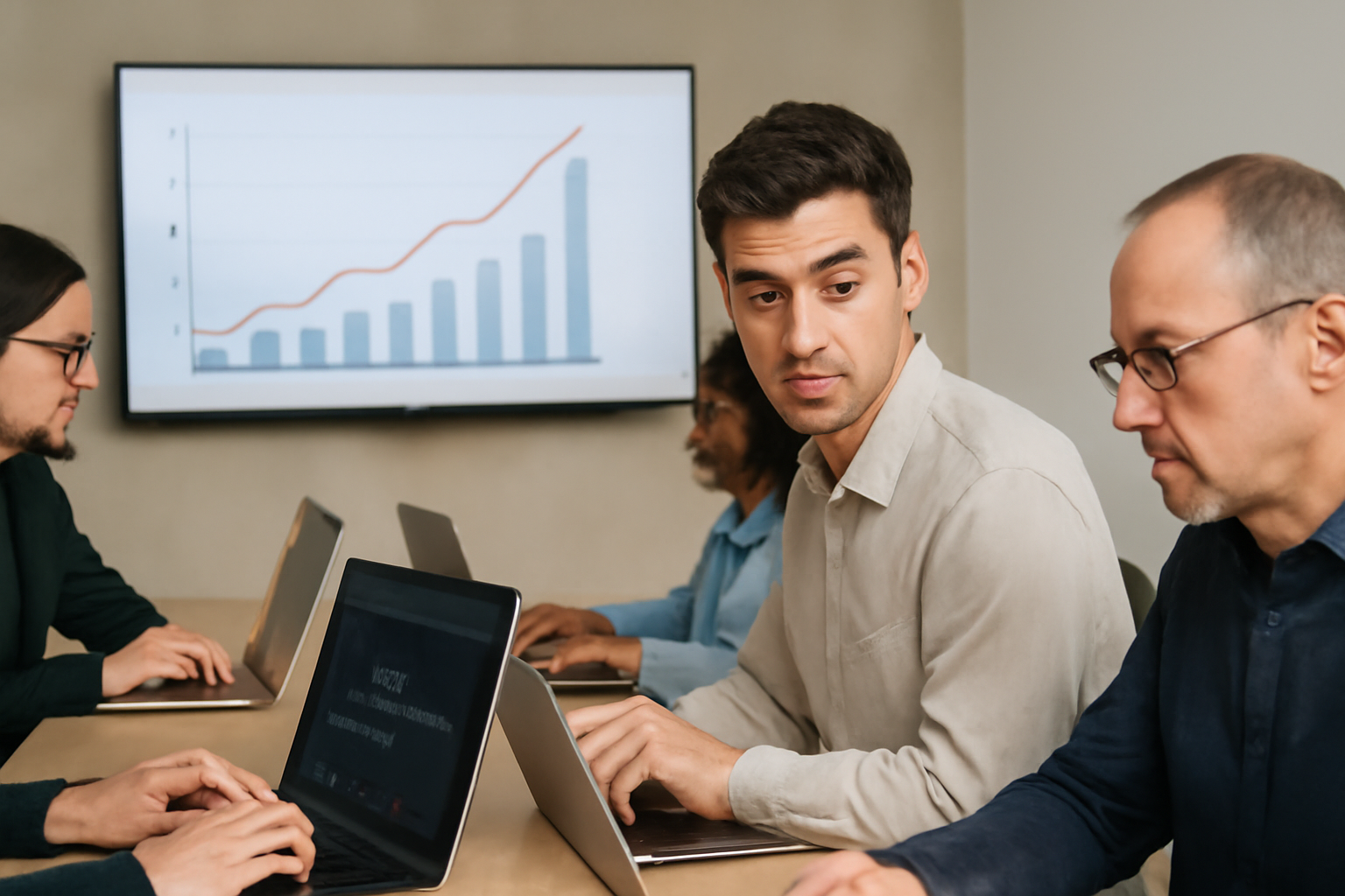 Personas en oficina usando laptops, una ingresando datos en una IA no autorizada, pantalla al fondo con gráfico y la palabra 'Riesgo'.